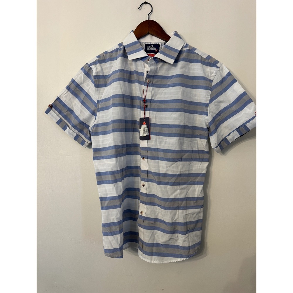 Billy London Mens XL Blue Grey Striped Slim Fit Short Sleeve Button Down Shirt